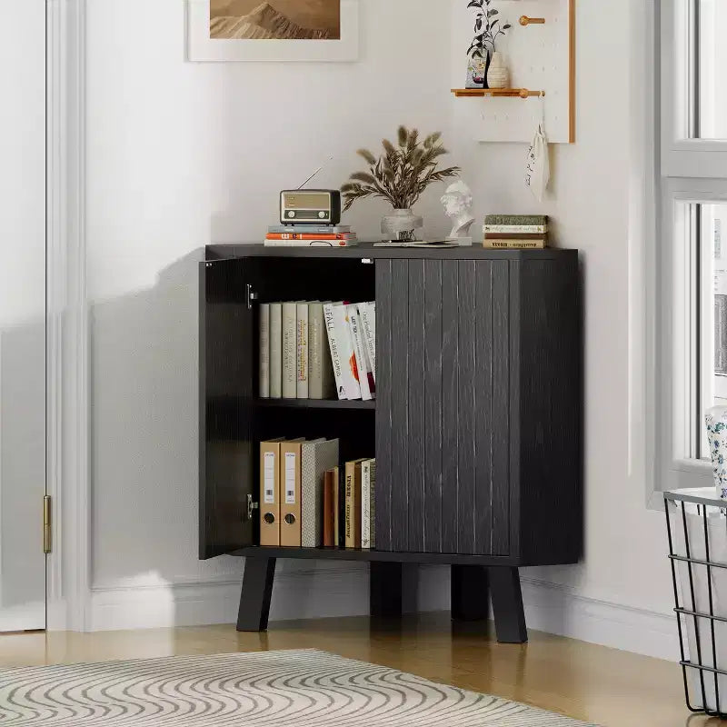 Meuble d'angle cannelé, Armoire de salle de bain autoportante avec étagère réglable, Meuble de rangement étroit pour cuisine, salon et salle de bain