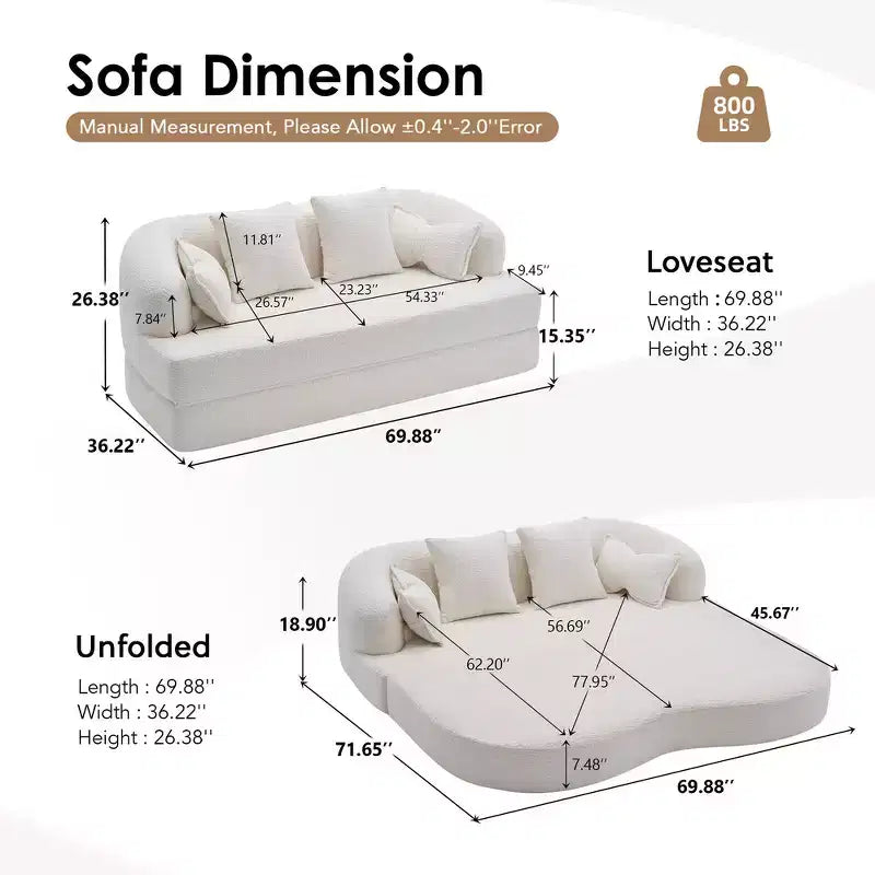 Canapé-lit pliable 2-en-1, Causeuse, Canapé pliable sans ossature 70 Convertible avec 4 oreillers