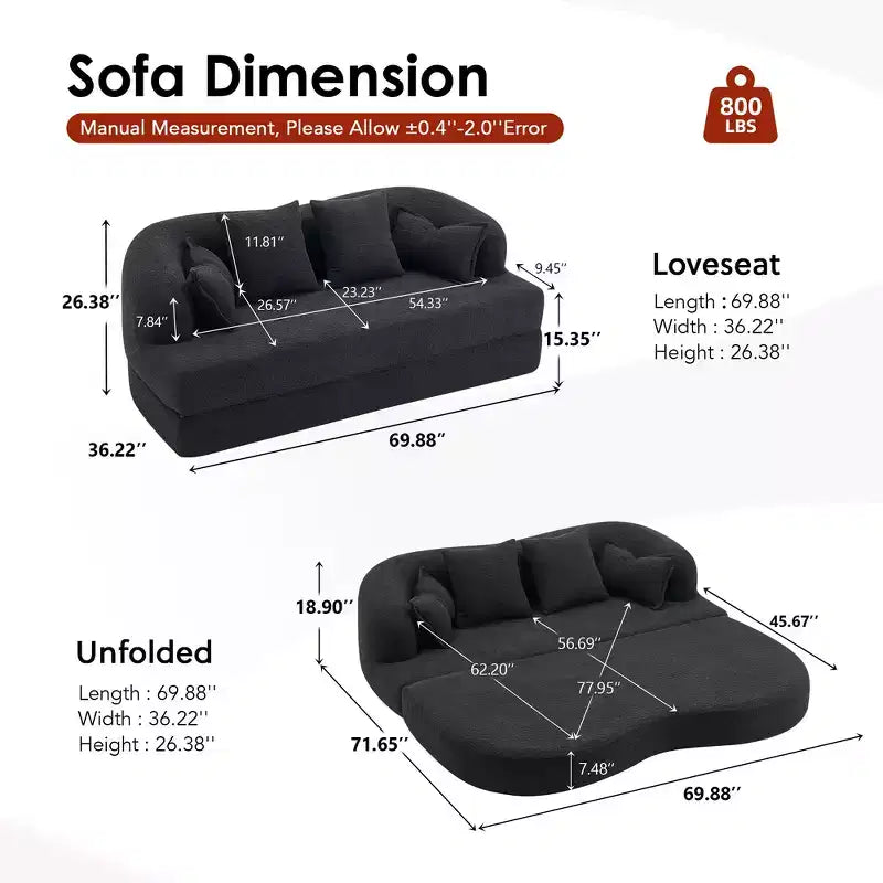 Canapé-lit pliable 2-en-1, Causeuse, Canapé pliable sans ossature 70 Convertible avec 4 oreillers