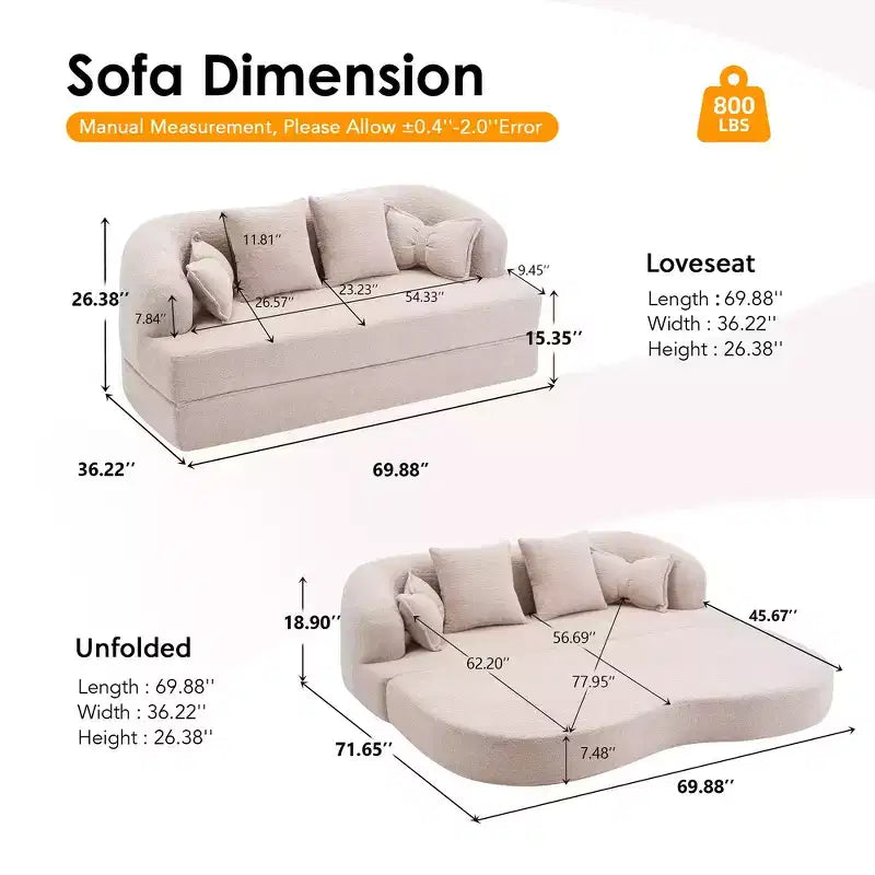 Canapé-lit pliable 2-en-1, Causeuse, Canapé pliable sans ossature 70 Convertible avec 4 oreillers