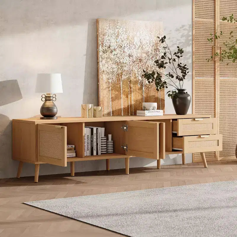 Meuble TV moderne 178 cm avec portes en rotin, compatible avec TV de 203 cm, 2 tiroirs et passe-câbles, pour salon