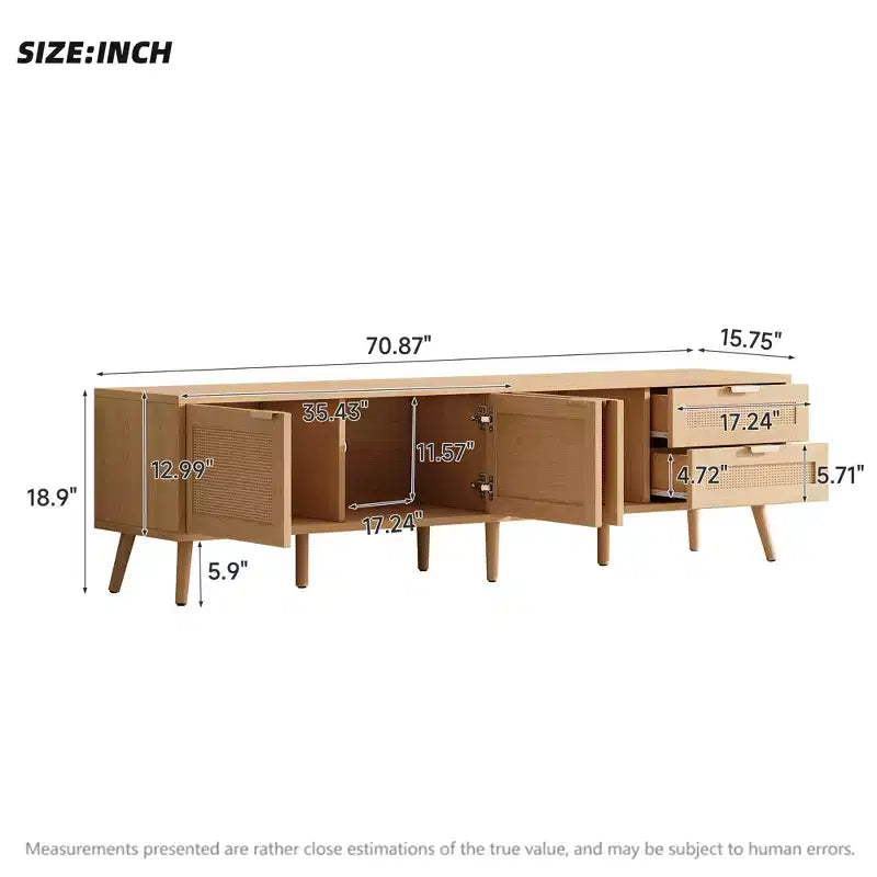 Meuble TV moderne 178 cm avec portes en rotin, compatible avec TV de 203 cm, 2 tiroirs et passe-câbles, pour salon