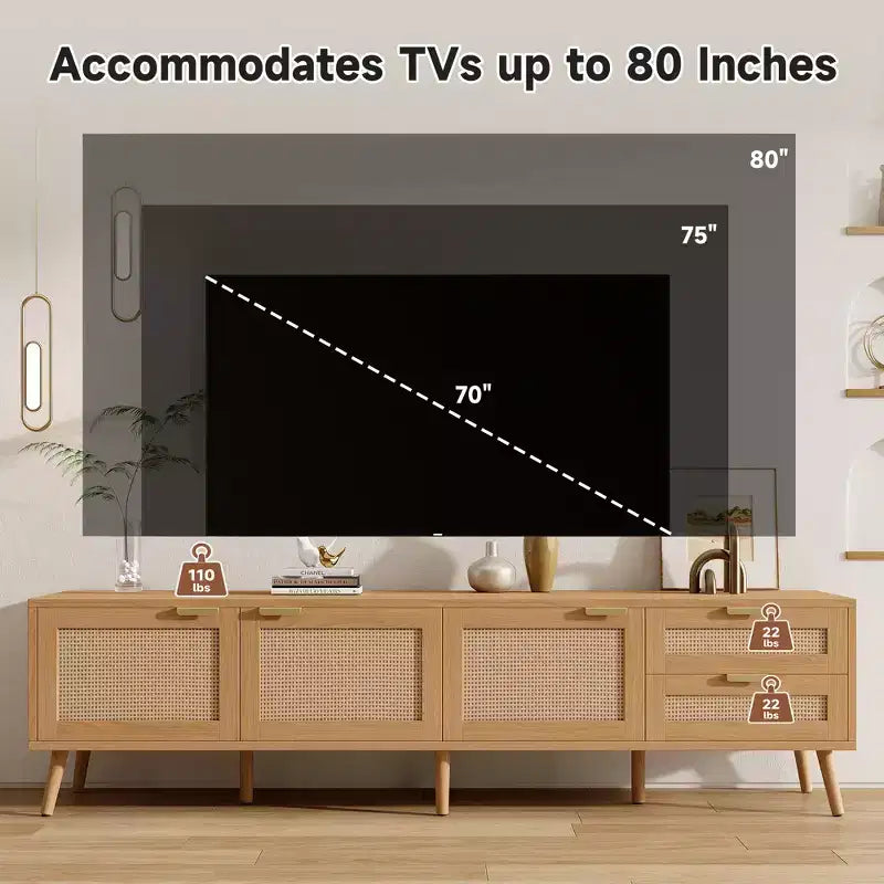 Meuble TV moderne 178 cm avec portes en rotin, compatible avec TV de 203 cm, 2 tiroirs et passe-câbles, pour salon