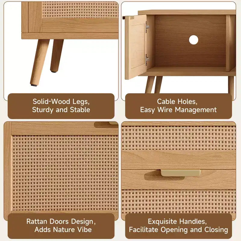Meuble TV moderne 178 cm avec portes en rotin, compatible avec TV de 203 cm, 2 tiroirs et passe-câbles, pour salon