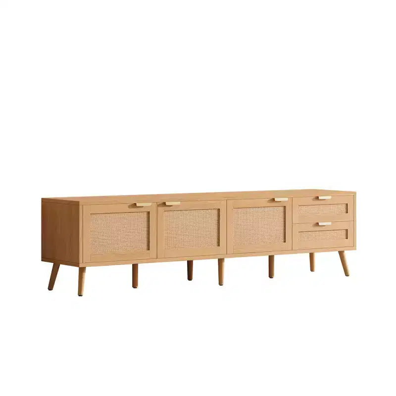 Meuble TV moderne 178 cm avec portes en rotin, compatible avec TV de 203 cm, 2 tiroirs et passe-câbles, pour salon