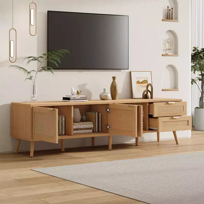 Meuble TV moderne 178 cm avec portes en rotin, compatible avec TV de 203 cm, 2 tiroirs et passe-câbles, pour salon