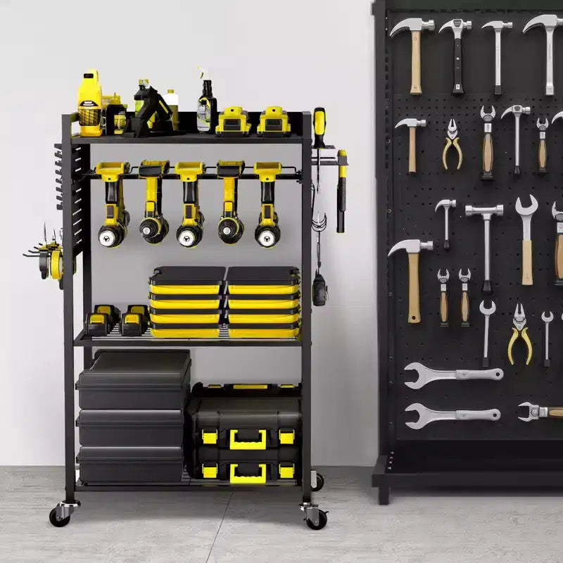 Chariot de rangement à outils à 4 niveaux, capacité de charge de 68 kg, support de perceuse roulant sur pied et étagère de rangement stable, noir