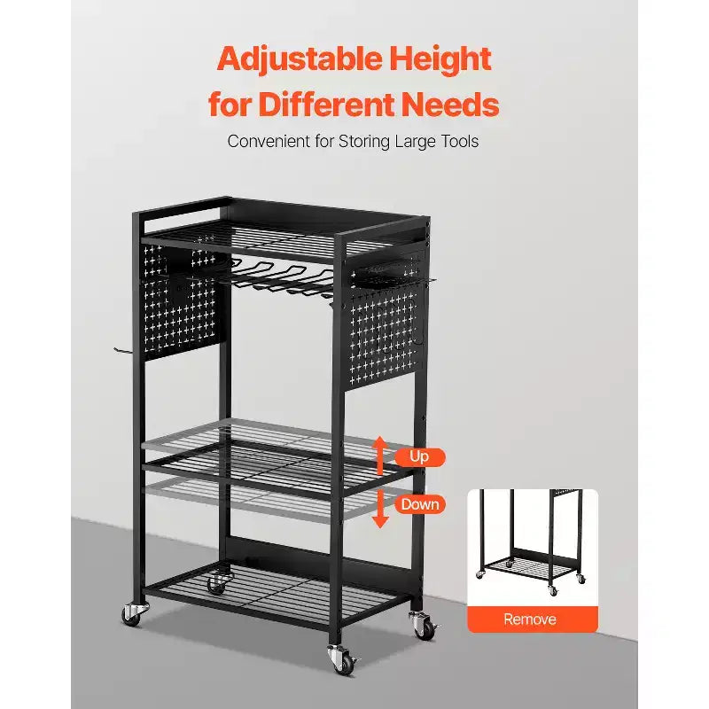 Chariot de rangement à outils à 4 niveaux, capacité de charge de 68 kg, support de perceuse roulant sur pied et étagère de rangement stable, noir