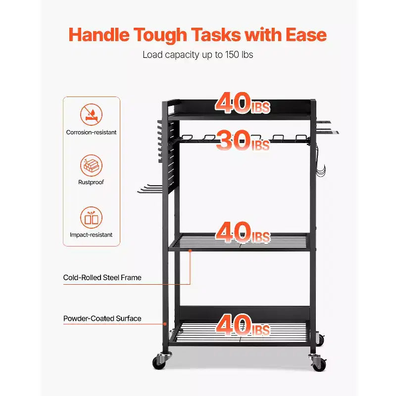 Chariot de rangement à outils à 4 niveaux, capacité de charge de 68 kg, support de perceuse roulant sur pied et étagère de rangement stable, noir