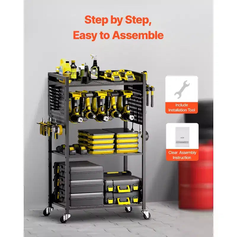 Chariot de rangement à outils à 4 niveaux, capacité de charge de 68 kg, support de perceuse roulant sur pied et étagère de rangement stable, noir