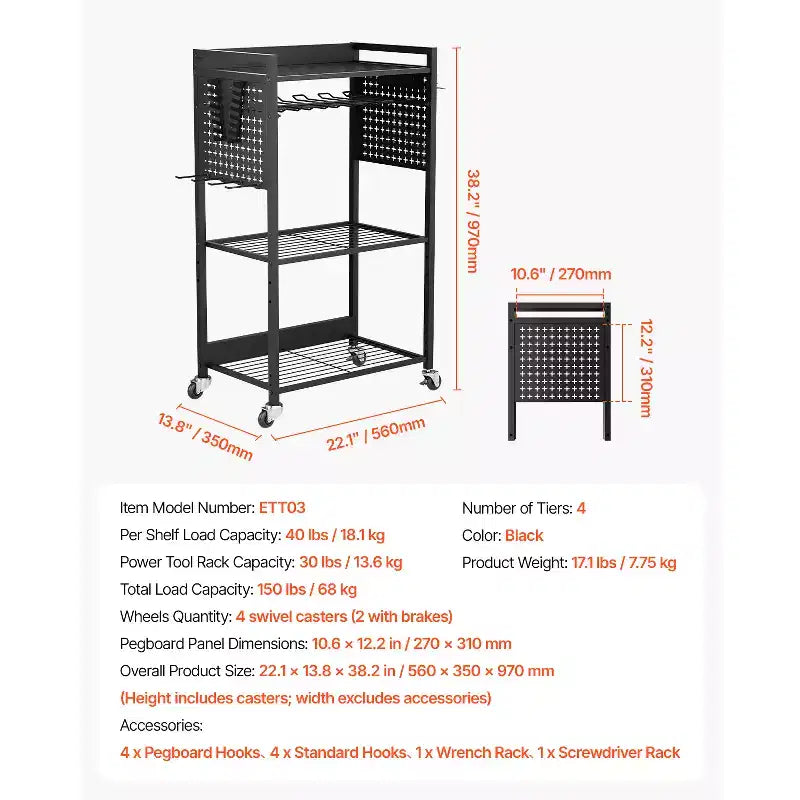 Chariot de rangement à outils à 4 niveaux, capacité de charge de 68 kg, support de perceuse roulant sur pied et étagère de rangement stable, noir