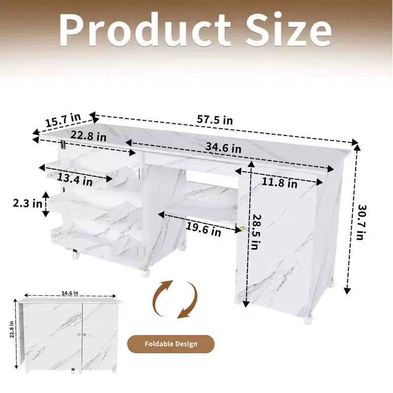 Bureau pliant de 57,5 pouces avec roulettes verrouillables, établi de rangement multi-niveaux avec étagères, bacs de rangement et armoires, blanc