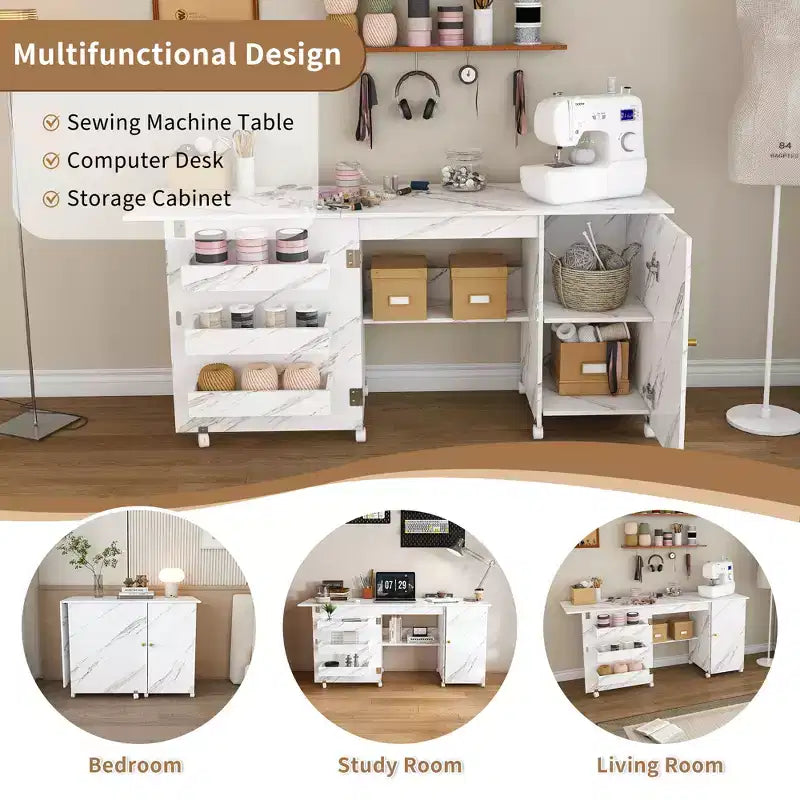 Bureau pliant de 57,5 pouces avec roulettes verrouillables, établi de rangement multi-niveaux avec étagères, bacs de rangement et armoires, blanc