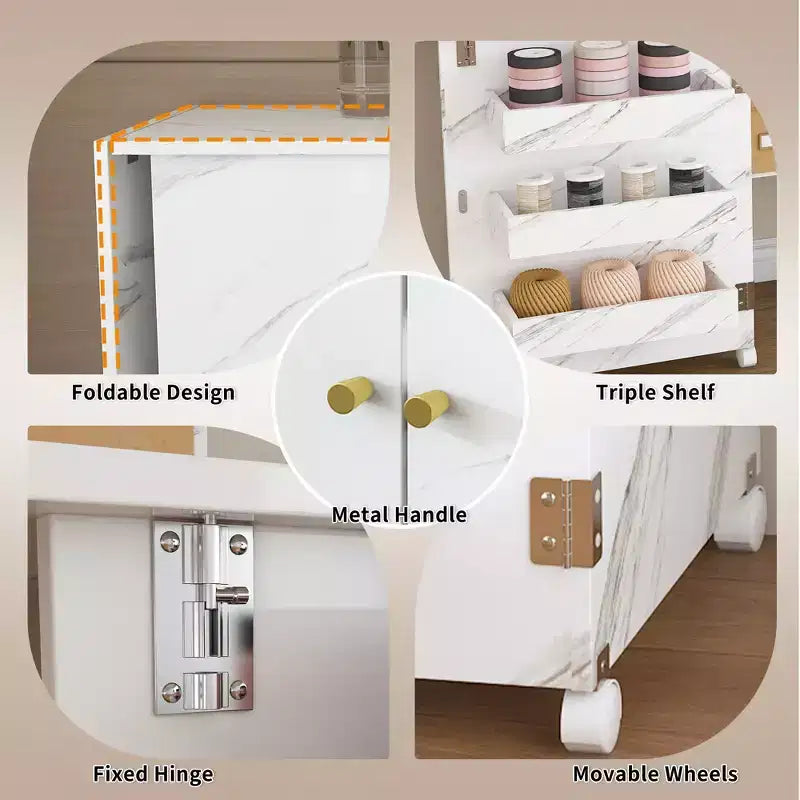 Bureau pliant de 57,5 pouces avec roulettes verrouillables, établi de rangement multi-niveaux avec étagères, bacs de rangement et armoires, blanc