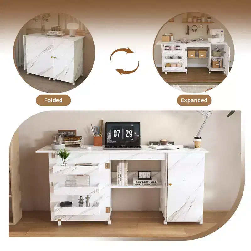 Bureau pliant de 57,5 pouces avec roulettes verrouillables, établi de rangement multi-niveaux avec étagères, bacs de rangement et armoires, blanc