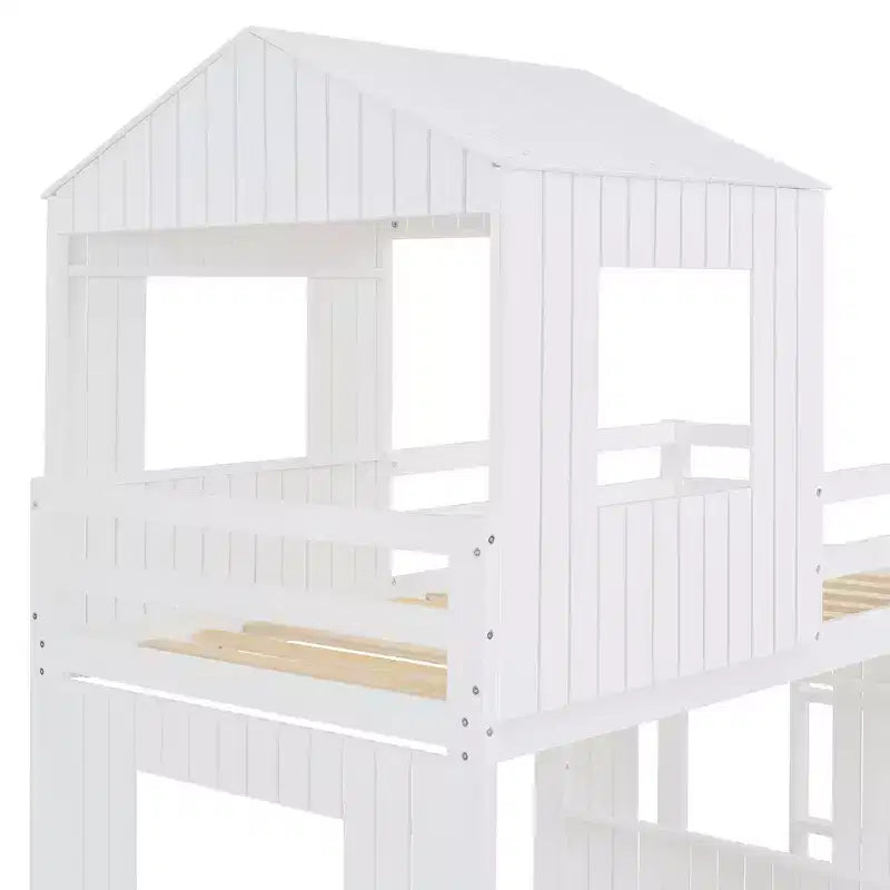 Lit superposé en bois deux places avec maisonnette, toboggan et barrières de sécurité