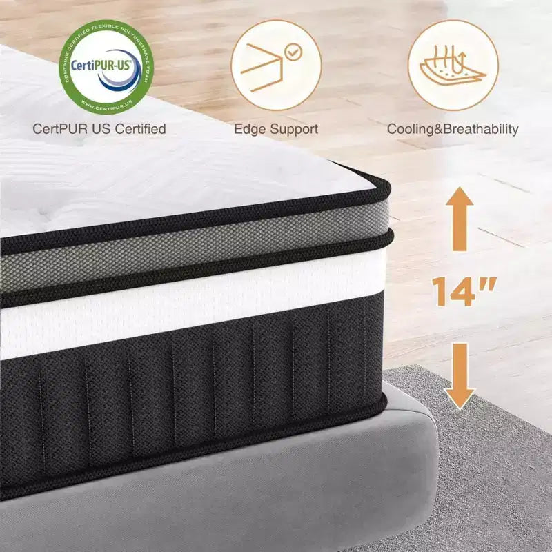 Matelas hybride en boîte 14 po King avec mousse à mémoire de forme au gel, fermeté moyenne, soulagement de la pression, doux pour la peau, isolation des mouvements, certifié CertiPUR-US