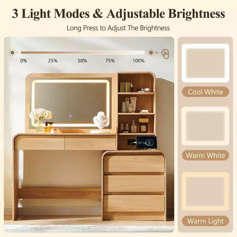 Coiffeuse avec miroir LED 35,4 et lumières, table de maquillage moderne avec station de charge et étagères réglables