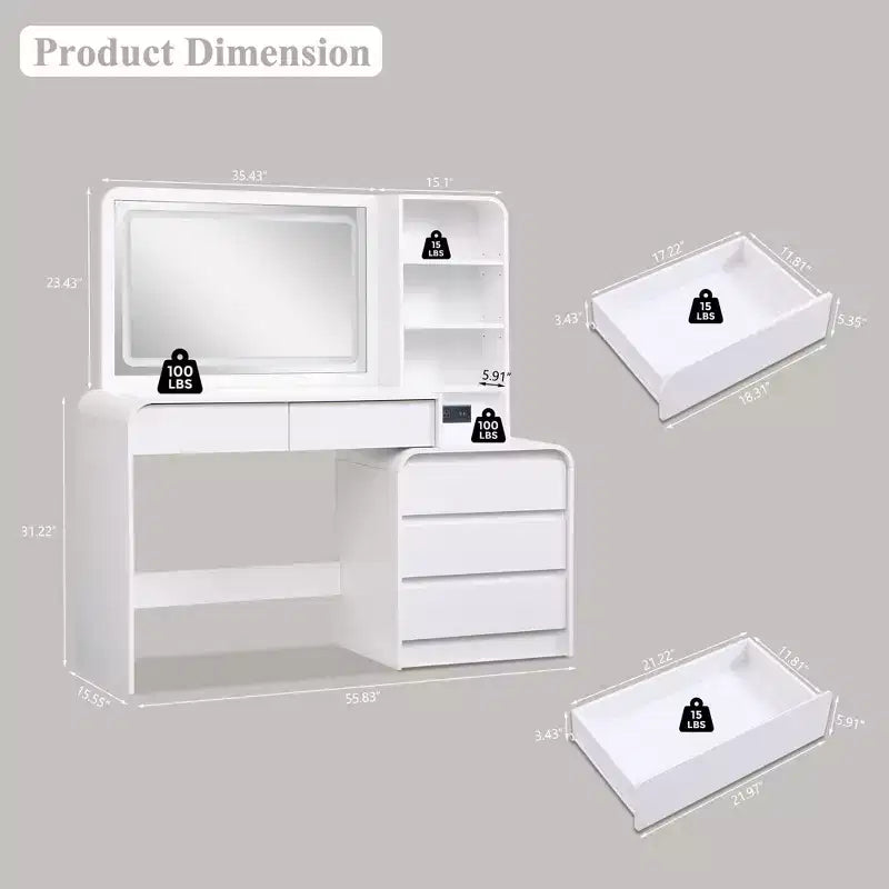Coiffeuse avec miroir LED 35,4 et lumières, table de maquillage moderne avec station de charge et étagères réglables