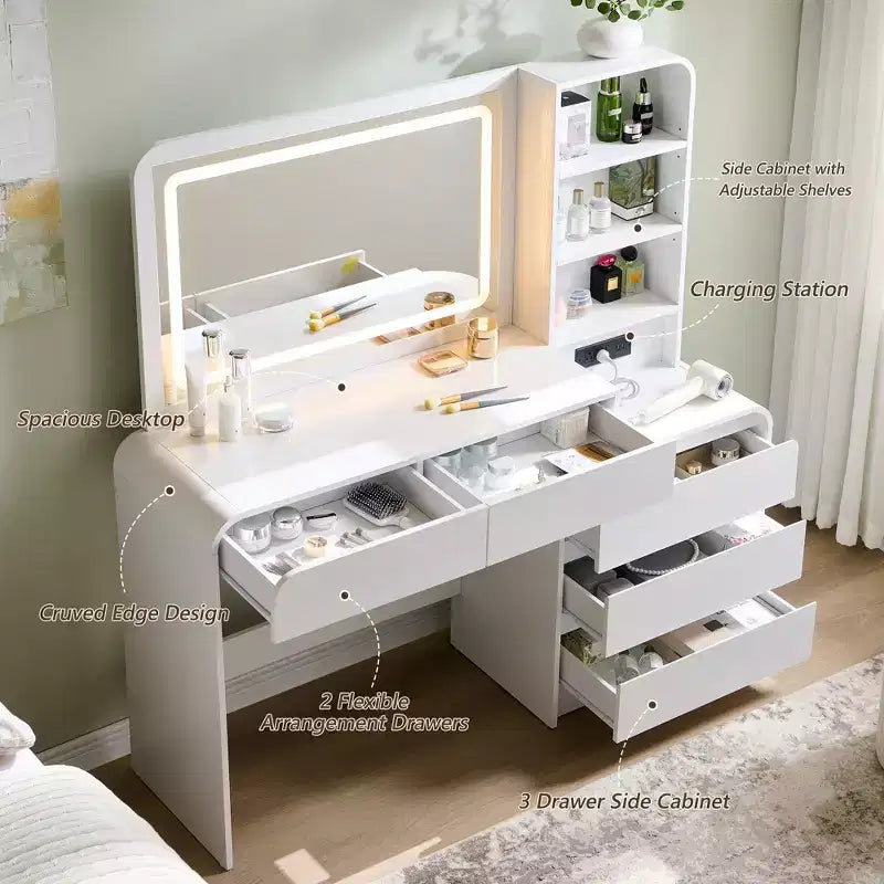 Coiffeuse avec miroir LED 35,4 et lumières, table de maquillage moderne avec station de charge et étagères réglables