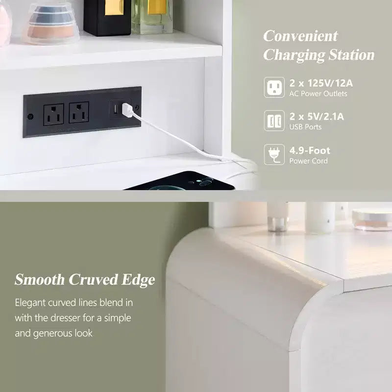 Coiffeuse avec miroir LED 35,4 et lumières, table de maquillage moderne avec station de charge et étagères réglables
