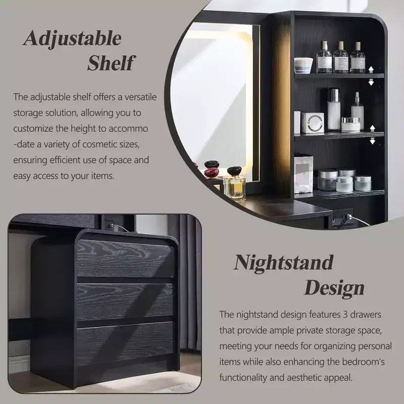 Coiffeuse avec miroir LED 35,4 et lumières, table de maquillage moderne avec station de charge et étagères réglables