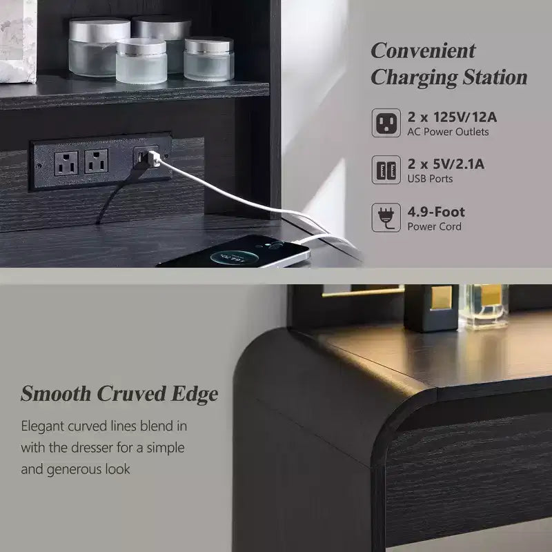 Coiffeuse avec miroir LED 35,4 et lumières, table de maquillage moderne avec station de charge et étagères réglables