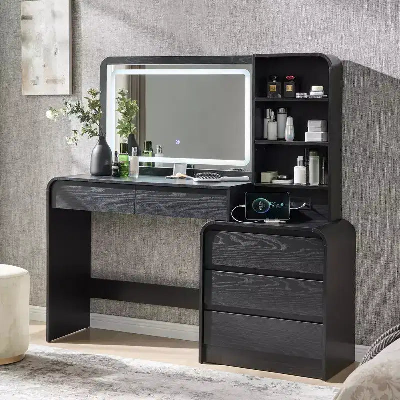 Coiffeuse avec miroir LED 35,4 et lumières, table de maquillage moderne avec station de charge et étagères réglables