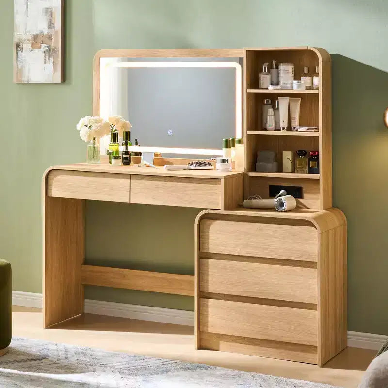 Coiffeuse avec miroir LED 35,4 et lumières, table de maquillage moderne avec station de charge et étagères réglables