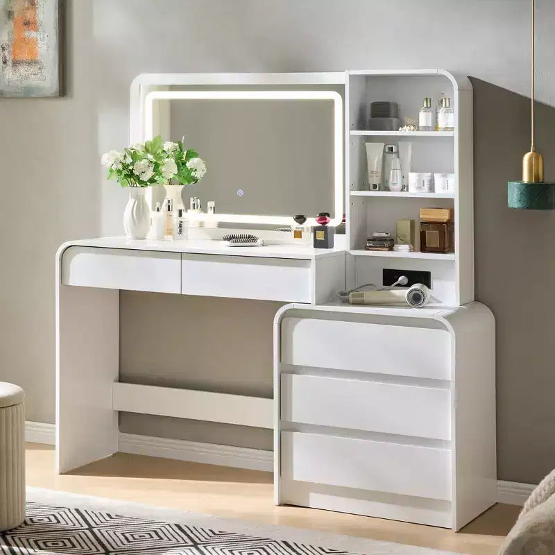 Coiffeuse avec miroir LED 35,4 et lumières, table de maquillage moderne avec station de charge et étagères réglables