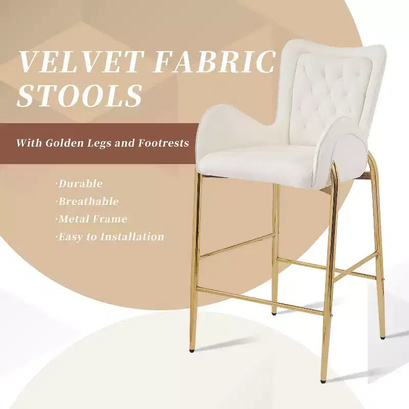 Tabourets de bar de luxe en velours 28H, lot de 2, tabourets de bar élégants avec pieds et repose-pieds dorés, fauteuil haut pour îlot de cuisine, capacité de 120 kg