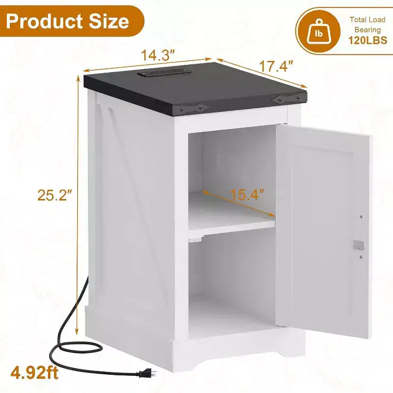 Table de chevet industrielle avec station de charge, Table de nuit de style ferme pour chambre moderne, Ports USB et prises de courant