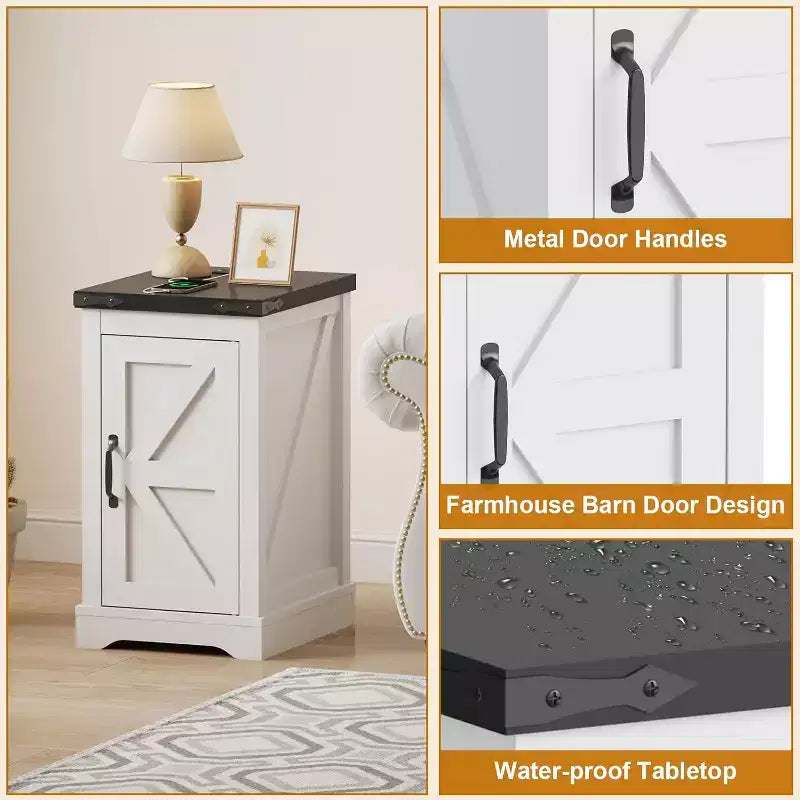 Table de chevet industrielle avec station de charge, Table de nuit de style ferme pour chambre moderne, Ports USB et prises de courant