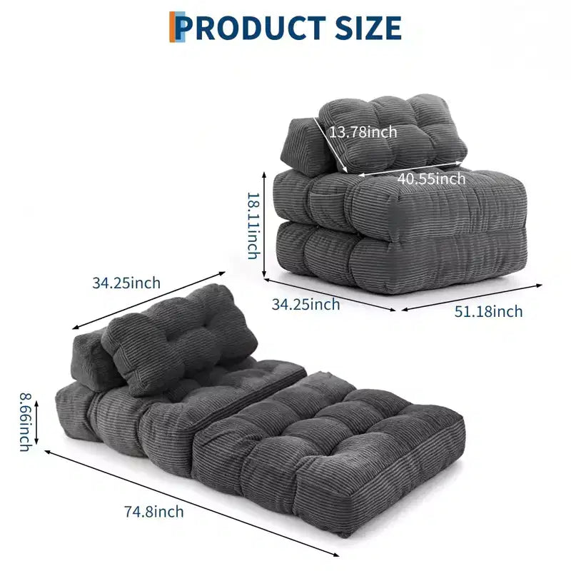 Canapé-lit pliable, lot de 2 – Fauteuil convertible individuel avec oreiller, support ergonomique, portable, housse lavable en machine, gris
