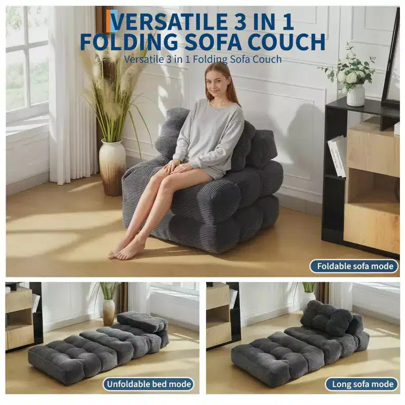 Canapé-lit pliable, lot de 2 – Fauteuil convertible individuel avec oreiller, support ergonomique, portable, housse lavable en machine, gris