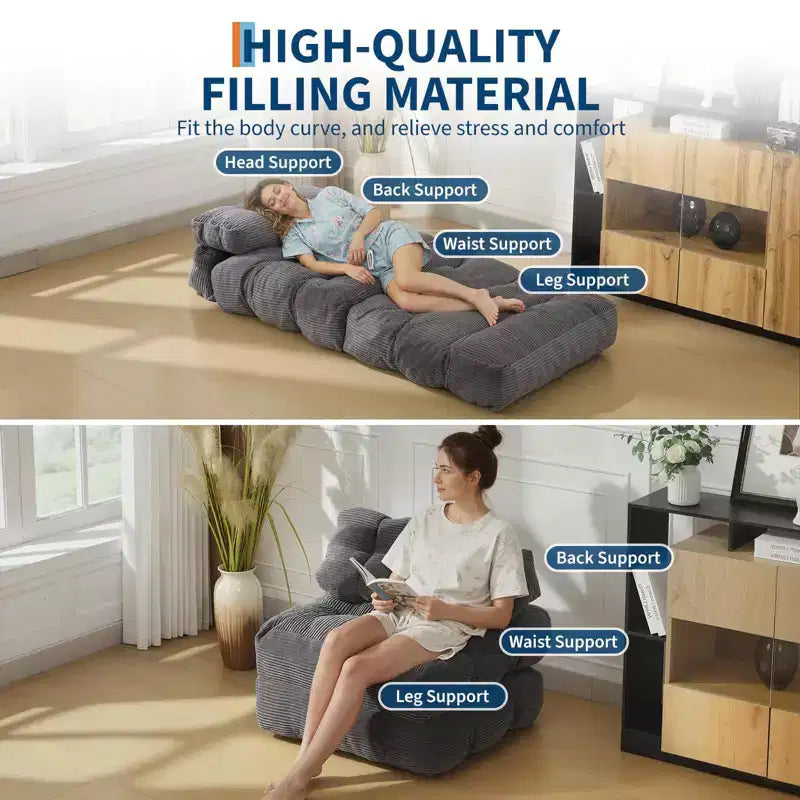 Canapé-lit pliable, lot de 2 – Fauteuil convertible individuel avec oreiller, support ergonomique, portable, housse lavable en machine, gris