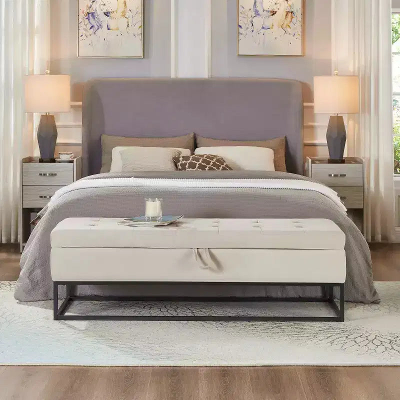 Banc de Rangement 58.6, Banc Rembourré avec Base Métallique pour Chambre à Coucher, Salon, Couloir, Beige
