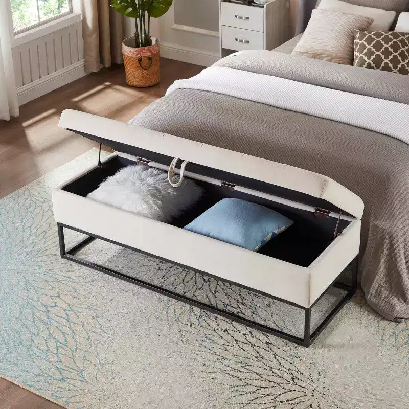 Banc de Rangement 58.6, Banc Rembourré avec Base Métallique pour Chambre à Coucher, Salon, Couloir, Beige
