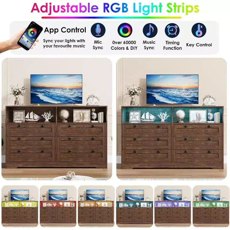 Commode à 6 tiroirs pour chambre à coucher, avec lumières LED RGB et prise de courant, commode de 140 cm de large, meuble TV pour téléviseurs de 55 pouces, pour salon, entrée