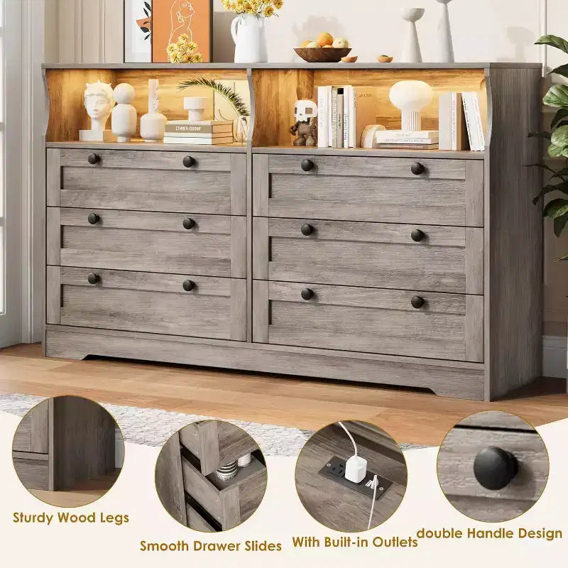 Commode à 6 tiroirs pour chambre à coucher, avec lumières LED RGB et prise de courant, commode de 140 cm de large, meuble TV pour téléviseurs de 55 pouces, pour salon, entrée