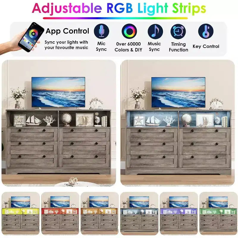 Commode à 6 tiroirs pour chambre à coucher, avec lumières LED RGB et prise de courant, commode de 140 cm de large, meuble TV pour téléviseurs de 55 pouces, pour salon, entrée
