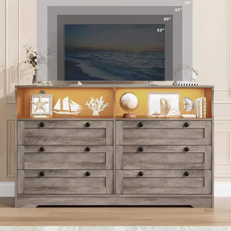 Commode à 6 tiroirs pour chambre à coucher, avec lumières LED RGB et prise de courant, commode de 140 cm de large, meuble TV pour téléviseurs de 55 pouces, pour salon, entrée