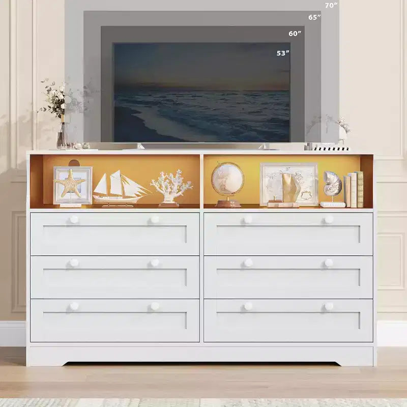 Commode à 6 tiroirs pour chambre à coucher, avec lumières LED RGB et prise de courant, commode de 140 cm de large, meuble TV pour téléviseurs de 55 pouces, pour salon, entrée