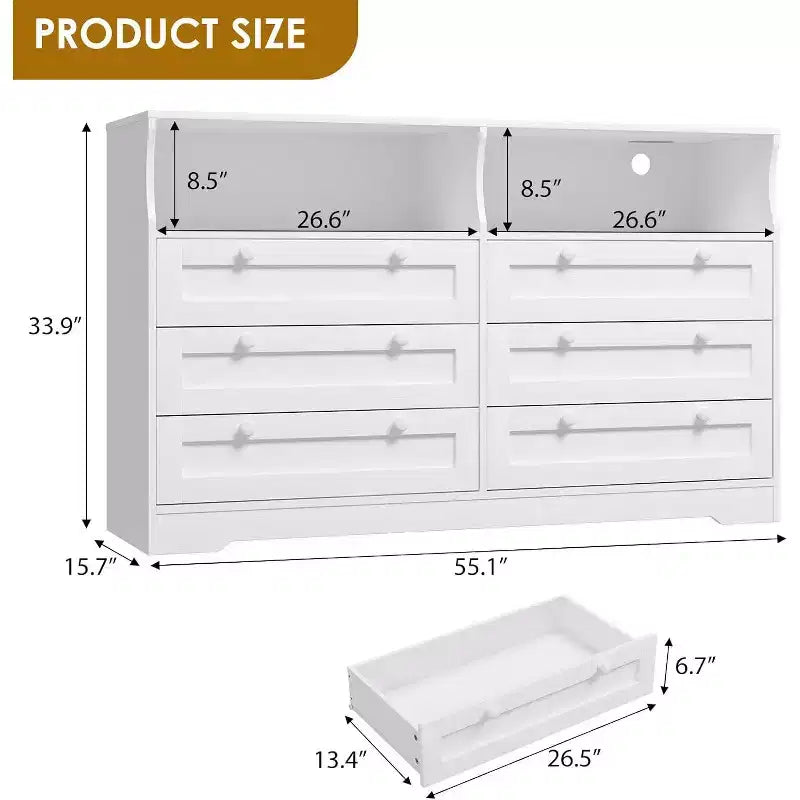 Commode à 6 tiroirs pour chambre à coucher, avec lumières LED RGB et prise de courant, commode de 140 cm de large, meuble TV pour téléviseurs de 55 pouces, pour salon, entrée