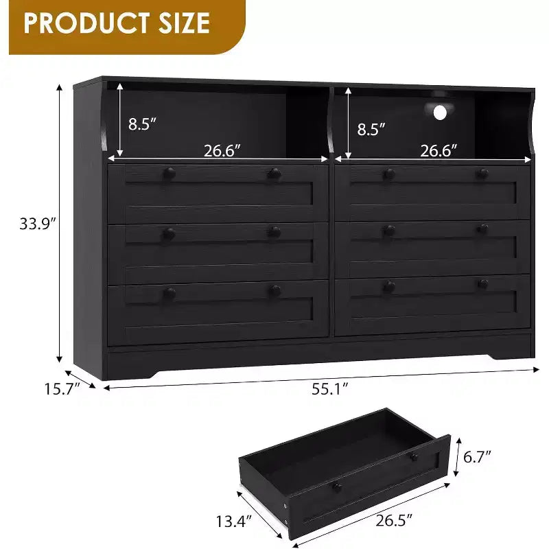 Commode à 6 tiroirs pour chambre à coucher, avec lumières LED RGB et prise de courant, commode de 140 cm de large, meuble TV pour téléviseurs de 55 pouces, pour salon, entrée