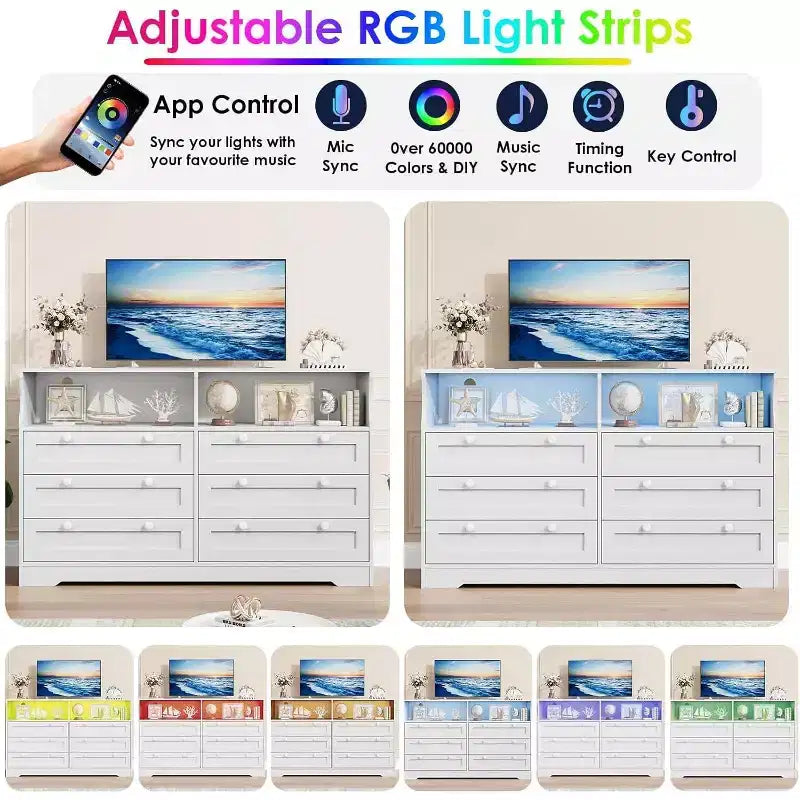 Commode à 6 tiroirs pour chambre à coucher, avec lumières LED RGB et prise de courant, commode de 140 cm de large, meuble TV pour téléviseurs de 55 pouces, pour salon, entrée