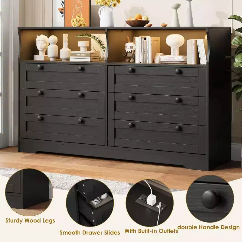 Commode à 6 tiroirs pour chambre à coucher, avec lumières LED RGB et prise de courant, commode de 140 cm de large, meuble TV pour téléviseurs de 55 pouces, pour salon, entrée
