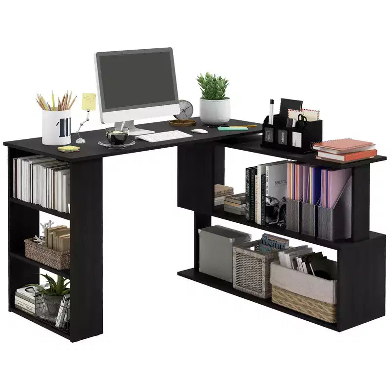 HOMCOM 360 Rotating Home Office Desk L Shaped Corner Computer Desk with Storage Shelves, Writing Table Workstation, Black