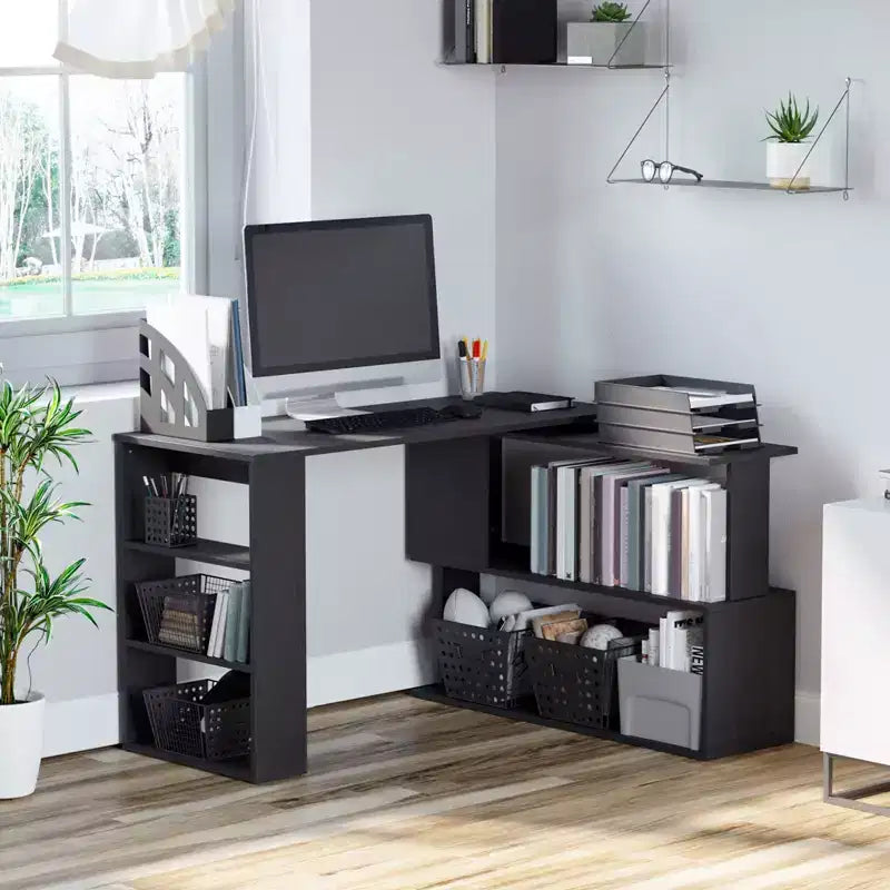 Bureau d'angle en L rotatif à 360° pour la maison et le bureau, avec étagères de rangement, table d'écriture, poste de travail, noir