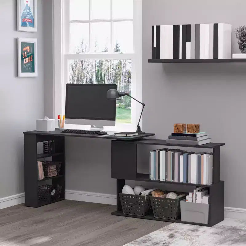 Bureau d'angle en L rotatif à 360° pour la maison et le bureau, avec étagères de rangement, table d'écriture, poste de travail, noir